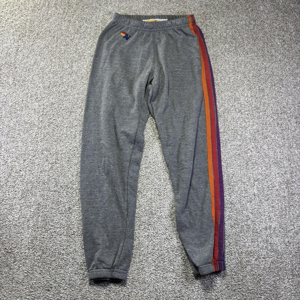 Aviator Nation Sweatpants Womens XS Gray Fleece Jogger Rainbow Side Stripe USA